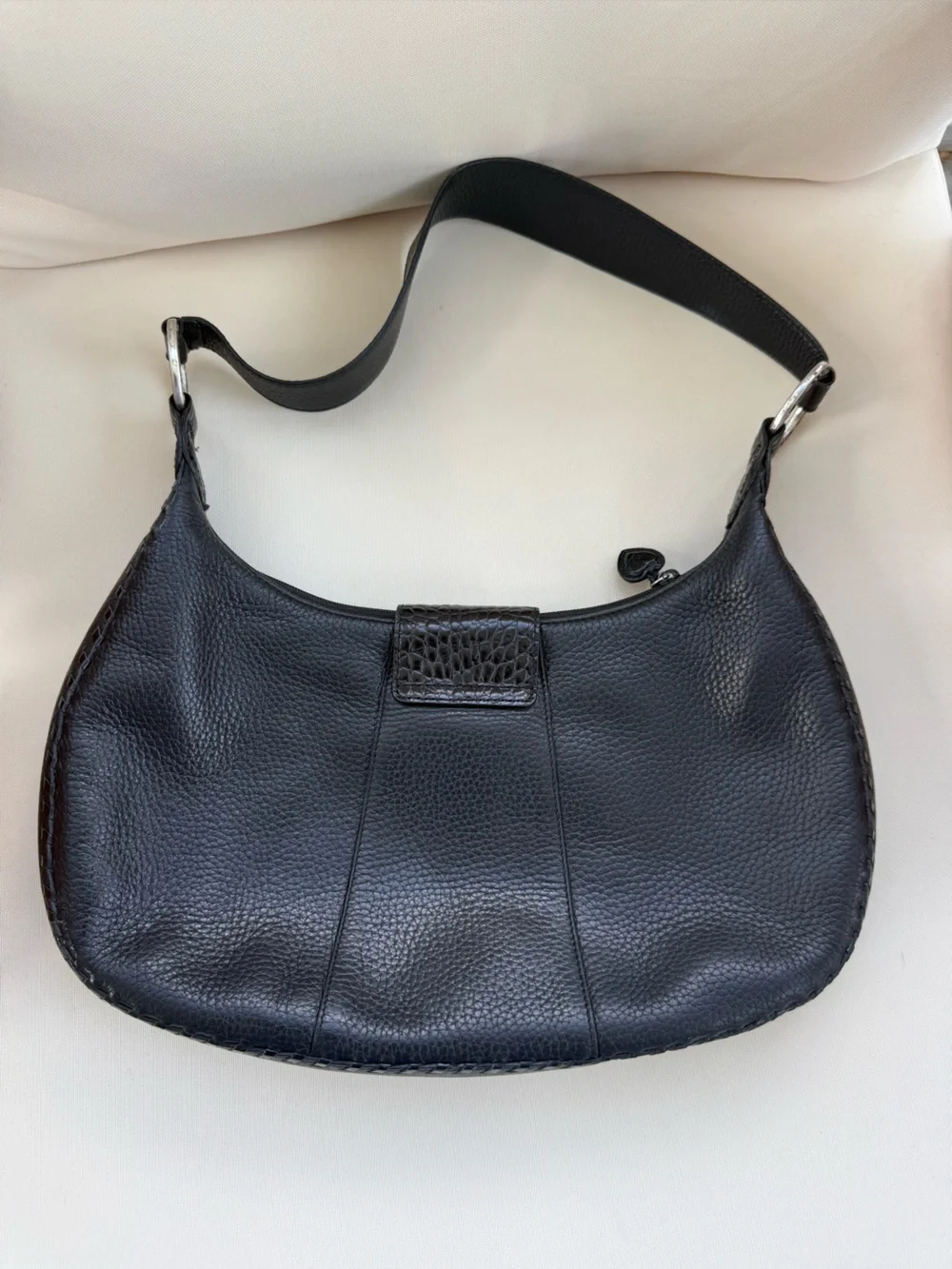 Brighton Black Pebbled Leather Hobo Bag with Silver Ornamental Clasp